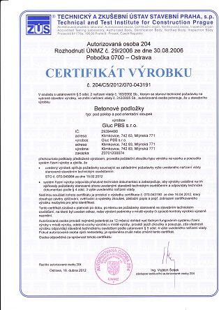 Certifikát výrobků benových podložek